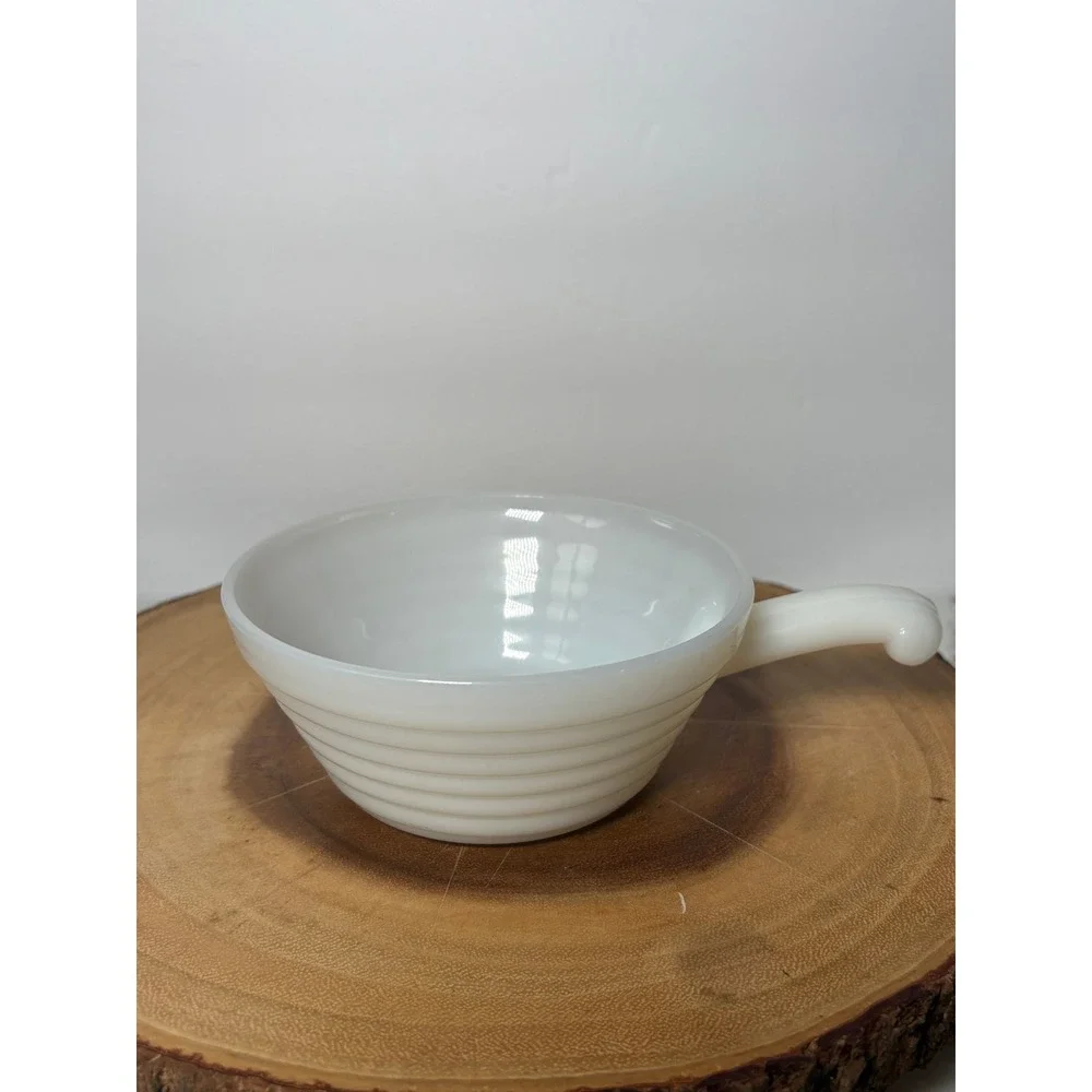 Vintage Fire-King Milk Glass Soup Chili Bowls with Handle‎ White Ribbed Set of 2